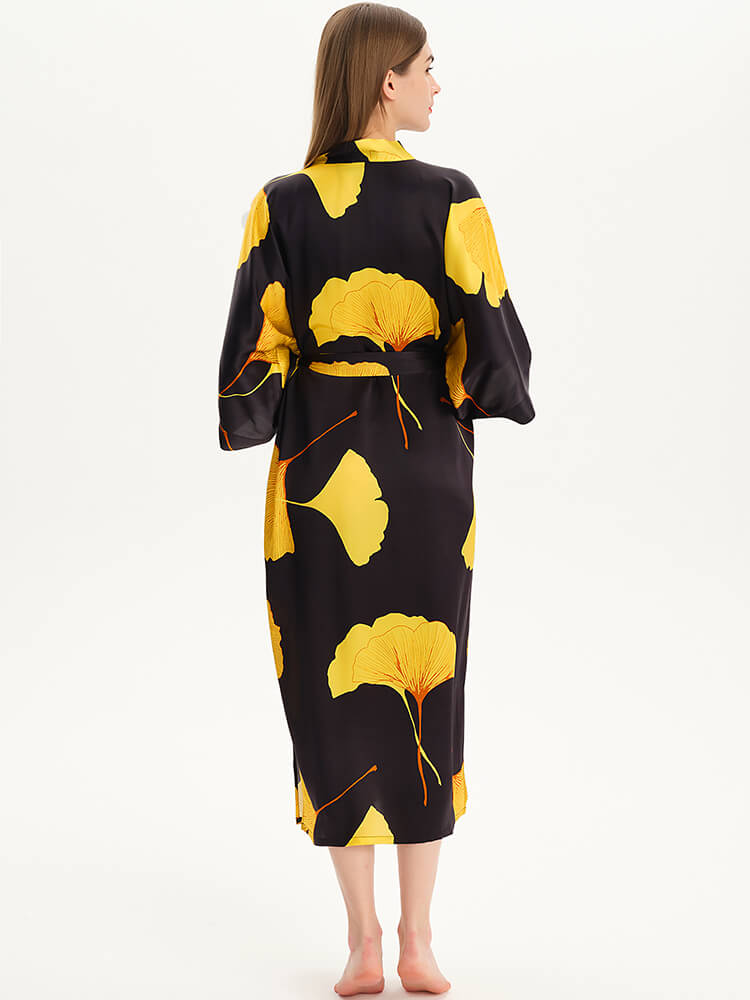 (image for) 19 Momme Black Leaf Print Long Silk Kimono Robe