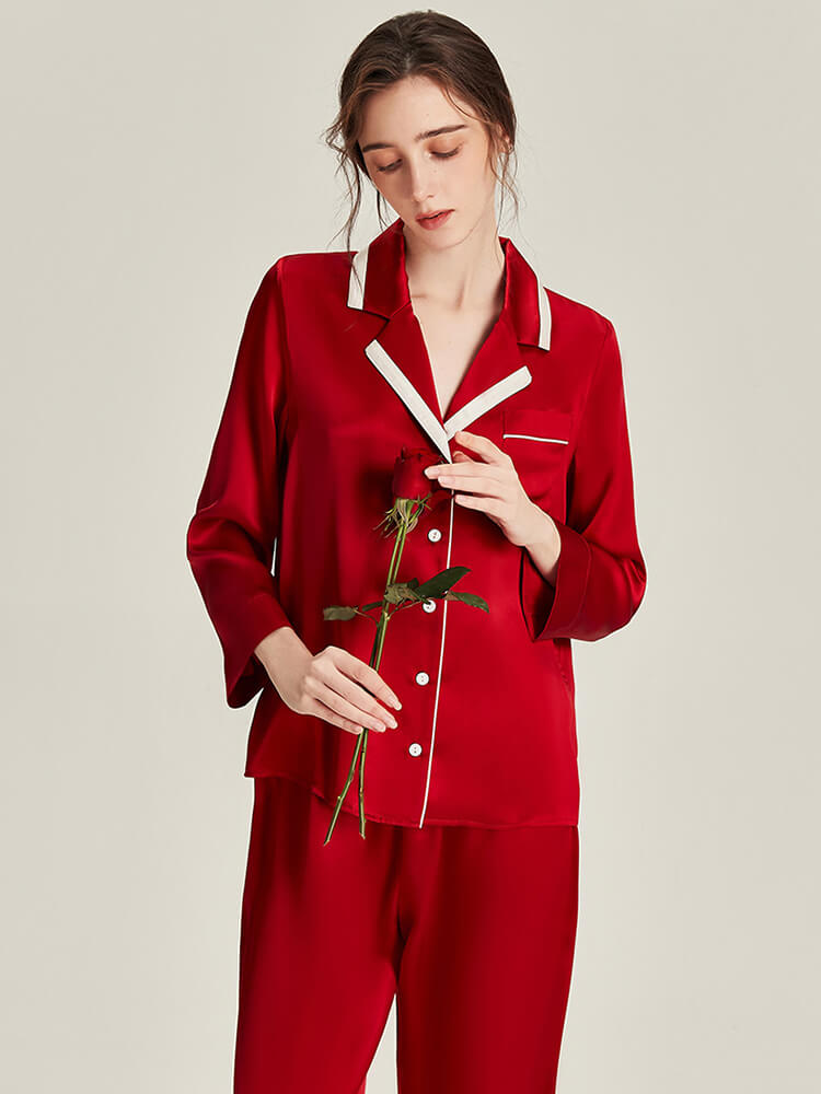 (image for) 22 Momme Women Luxurious Contrast Piped Full Length Silk Pj Set