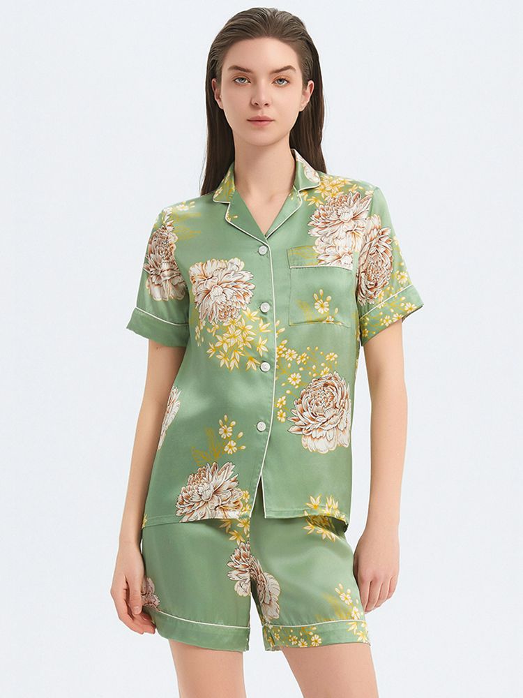 (image for) 22 Momme Sage Green Floral Printed Women Silk Pajama Shorts Set