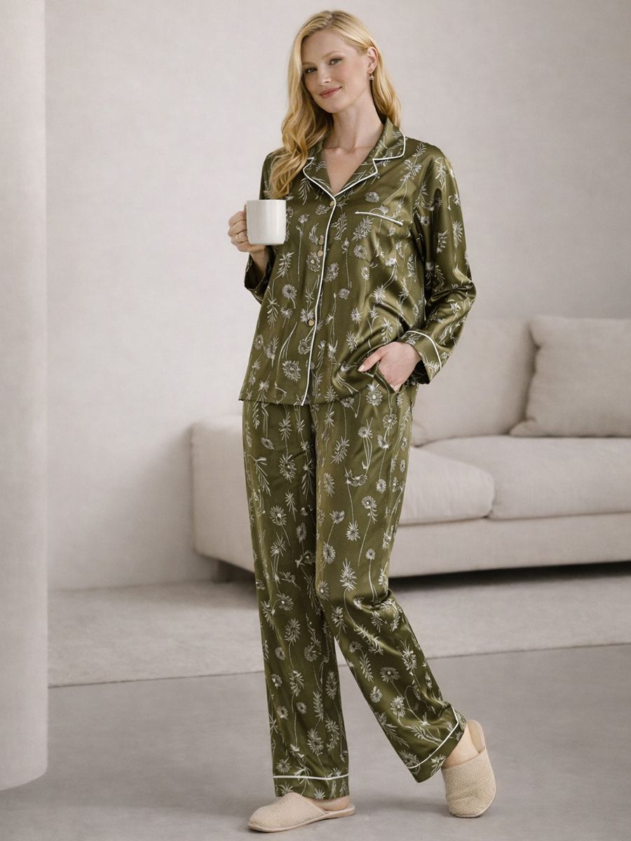 (image for) Olive Green Botanical Print Button-Down Long Sleeve Silk Pajamas