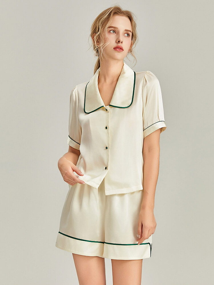 (image for) 22MM Women 2-Piece Summer Silk Pajamas Shorts Set with Trimming