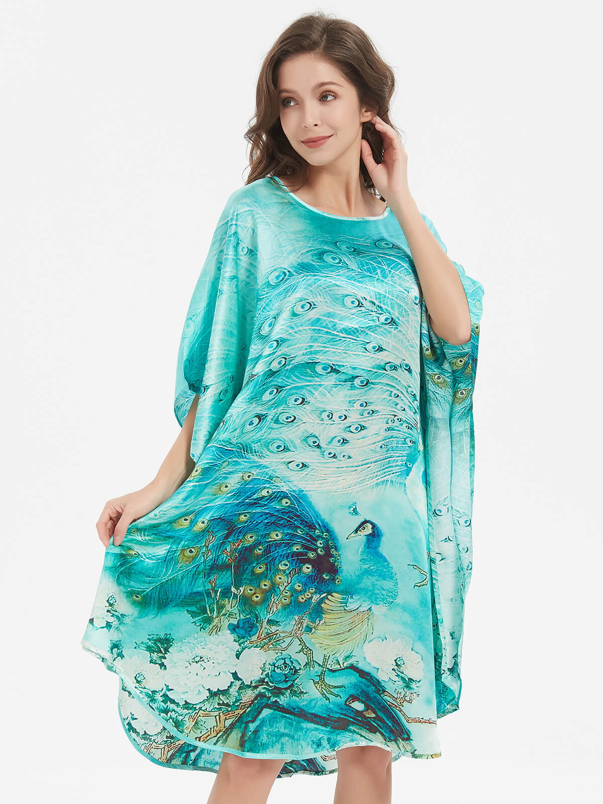 (image for) Peacock Printed Batwing-sleeve Green Silk Kaftan Nightgown