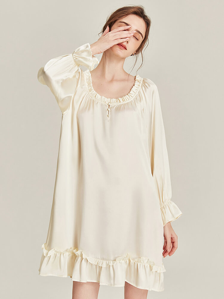 (image for) 22 Momme Scoop Neck Ruffled Long Sleeve Ivory Silk Nightgown