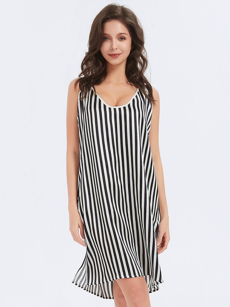 (image for) Black and White Striped Relaxed 100% Silk Slip Nightgown