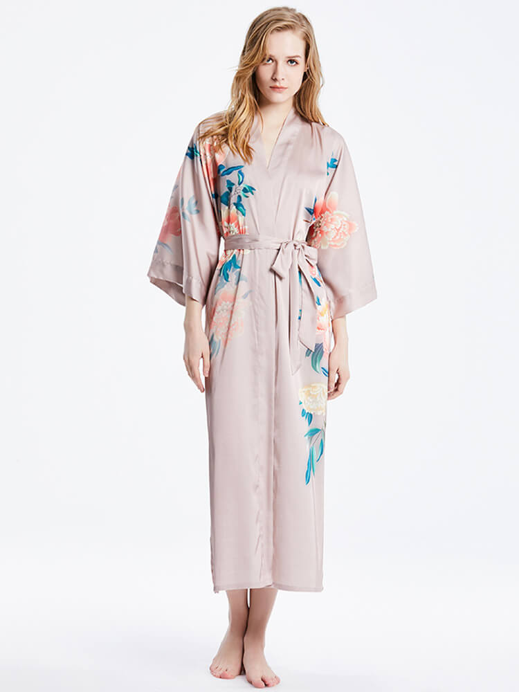 (image for) 16 Momme Peony Printed Womens Long Silk Kimono Robe