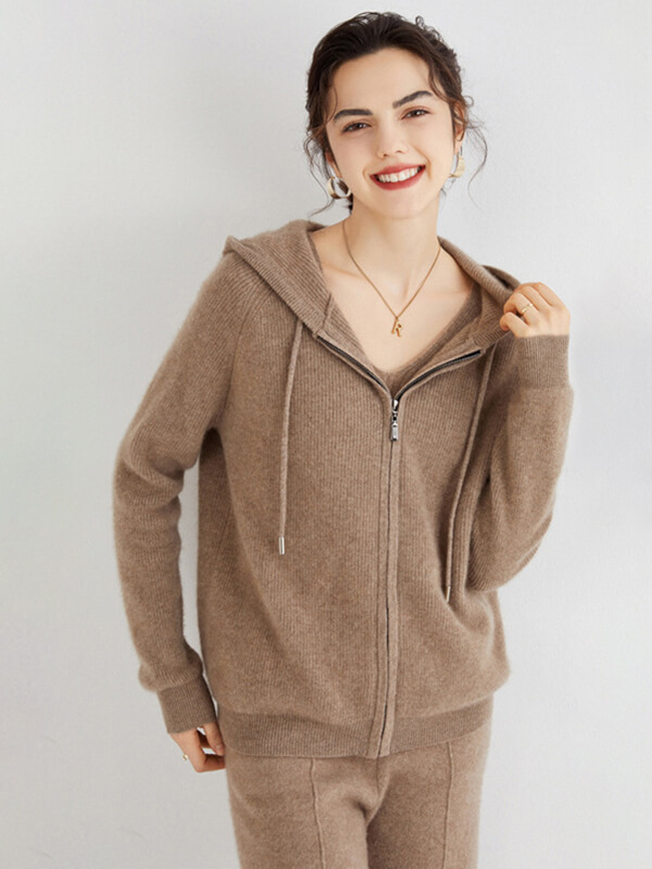 (image for) Long Sleeve Zip Hooded Pure Cashmere Cardigan