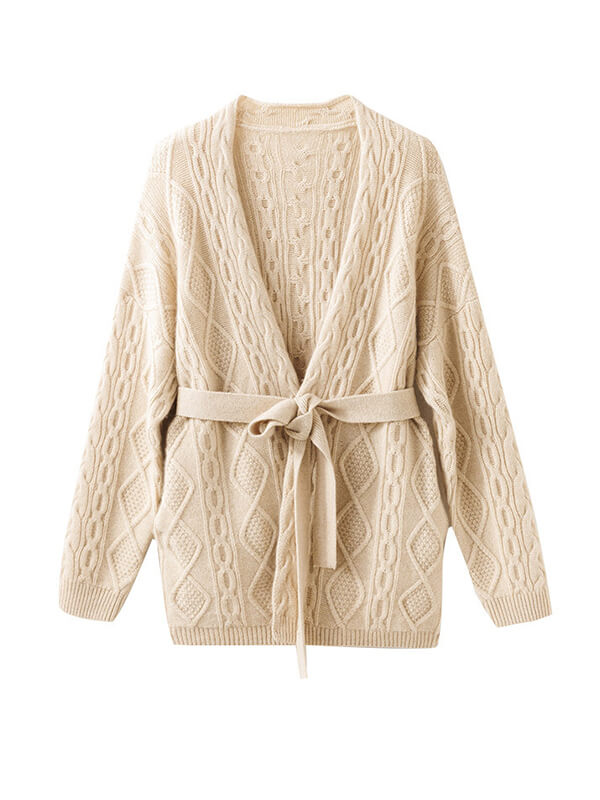 (image for) Women's 100% Cashmere Long Sleeve Cable-Knit Cardigan With Belt