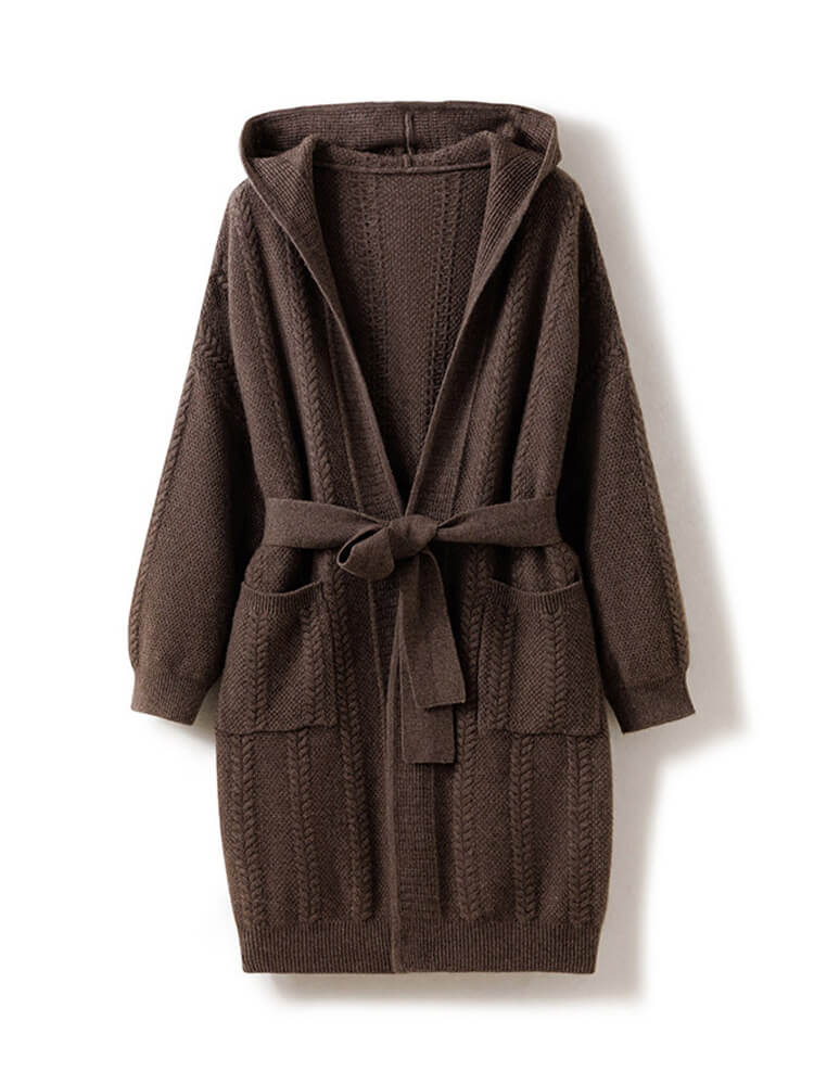 (image for) Cable-Knit Hooded Cashmere Cardigan with Belt