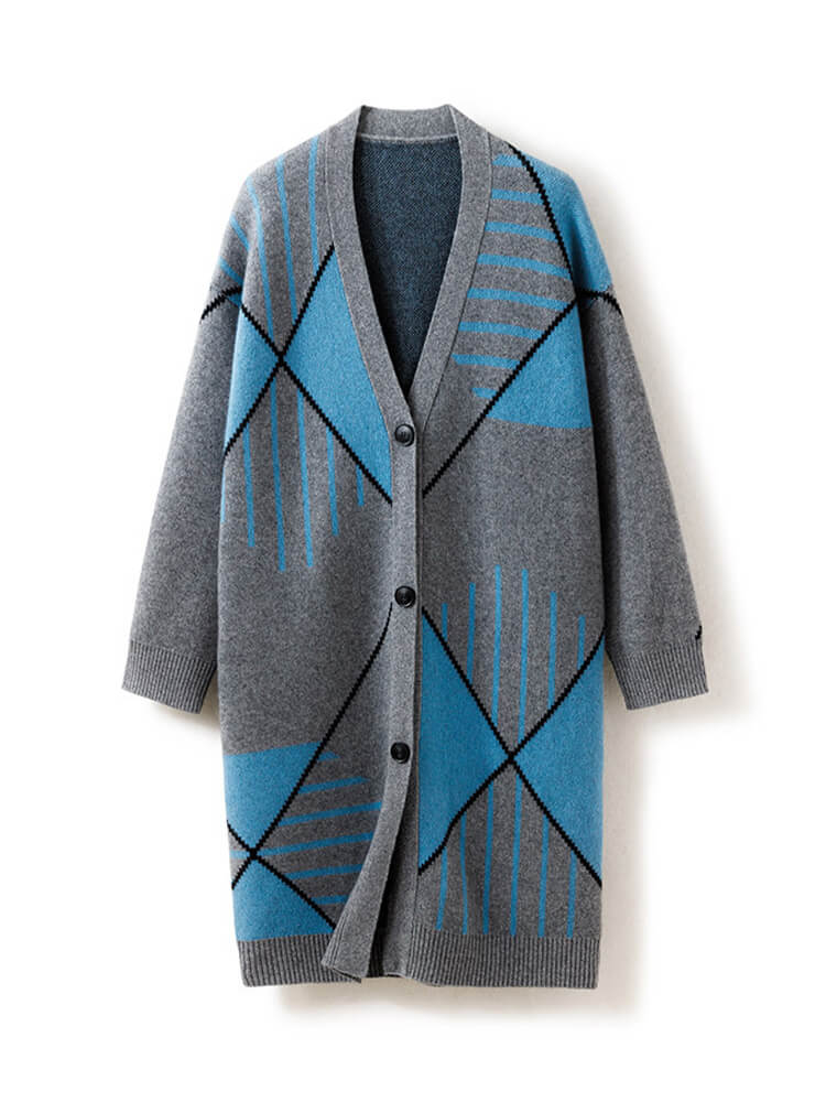 (image for) Blue Grey Button Front Cashmere Cardigan with Line Pattern