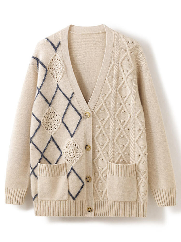 (image for) Crochet Knit Colorblock Pure Cashmere V-neck Cardigan Sweater