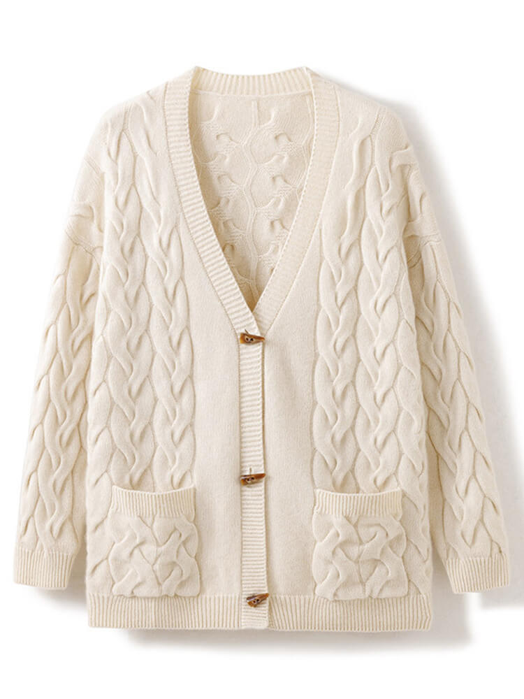 (image for) Cable Knit Mid Length Cashmere Cardigan with Horn Button