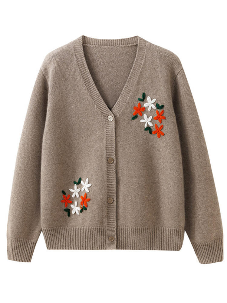 (image for) Embroidered V Neck Cashmere Cardigan Sweater