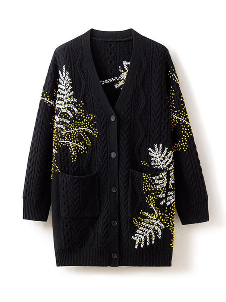 (image for) Hand Embroidered Luxury V Neck Mid Length Cashmere Cardigan