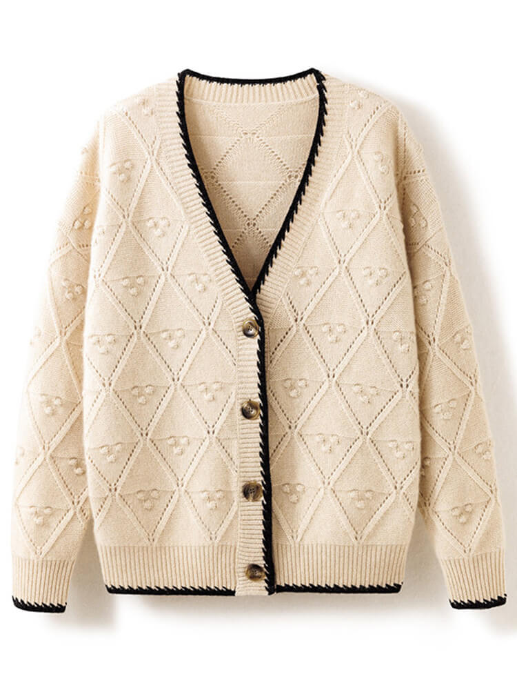 (image for) Black Trimmed Cable Knit V Neck Short Cashmere Cardigan