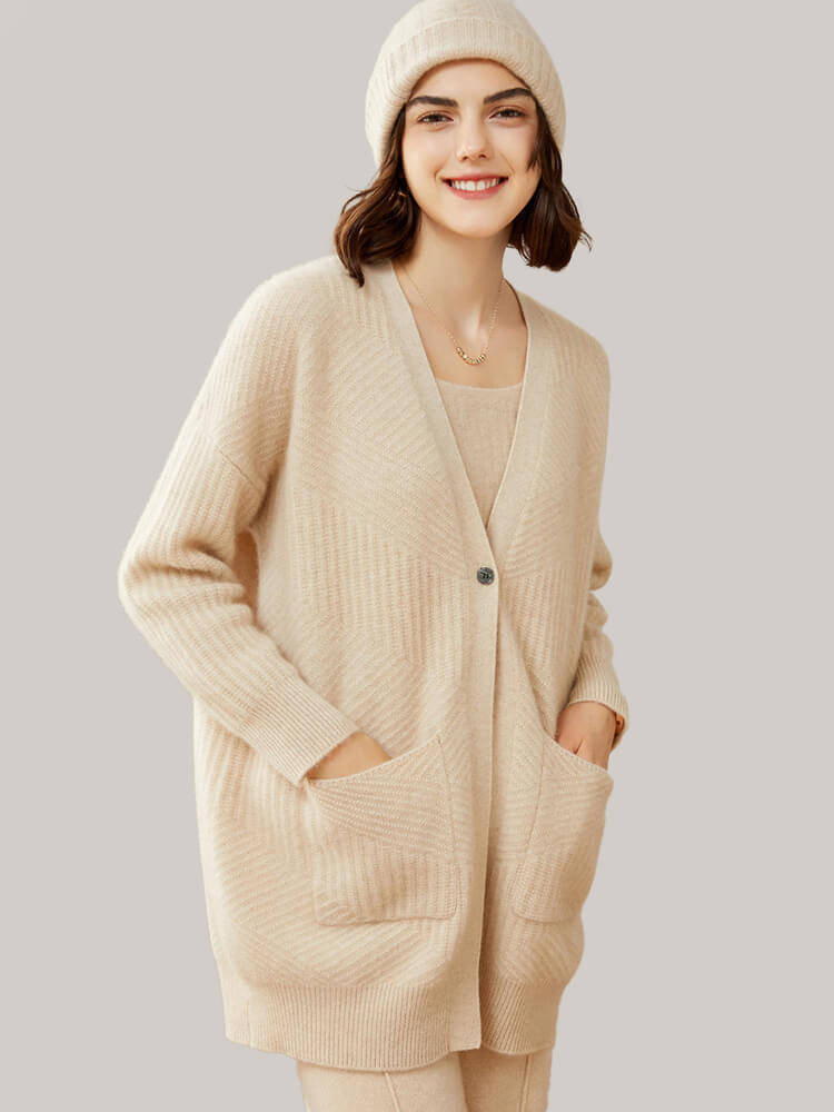 (image for) One Button V Neck Ribbed Cashmere Cardigan