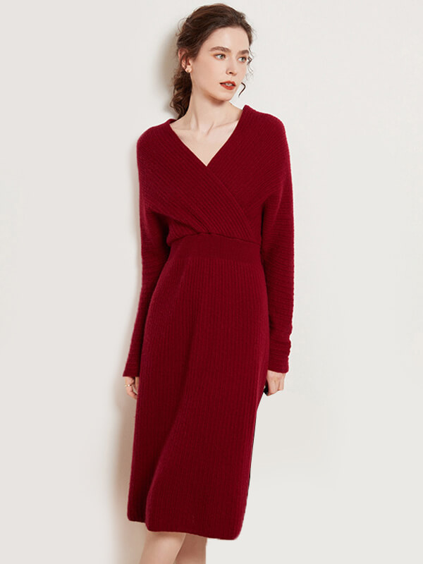 (image for) Sexy Ribbed V-Neck Cashhmere Wrap Dress for Women