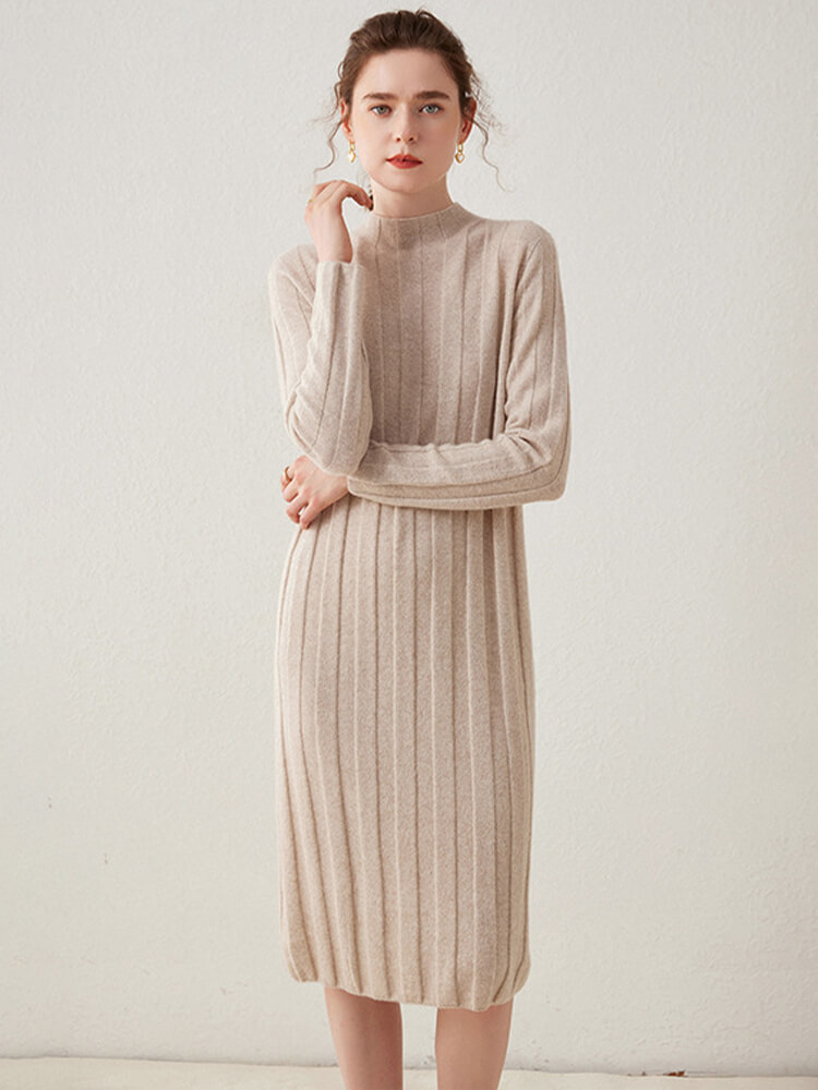 (image for) Relaxed Style Long Sleeve Cashmere Mock Neck Midi Dress