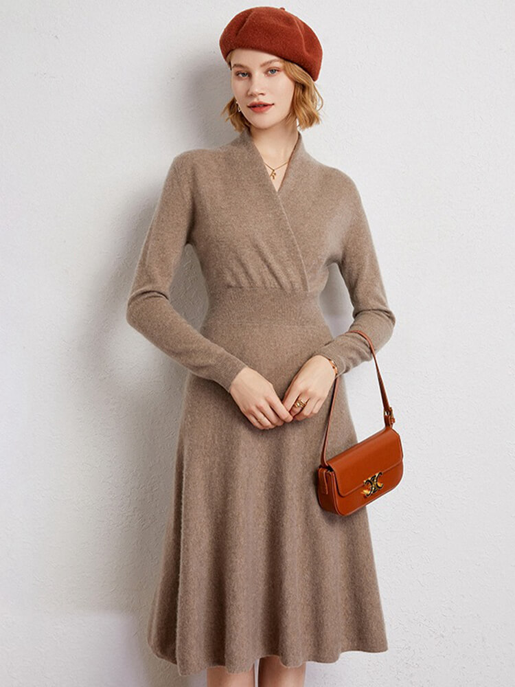 (image for) Elegant Long Sleeve V-Neck Midi Cashmere Wrap Dress