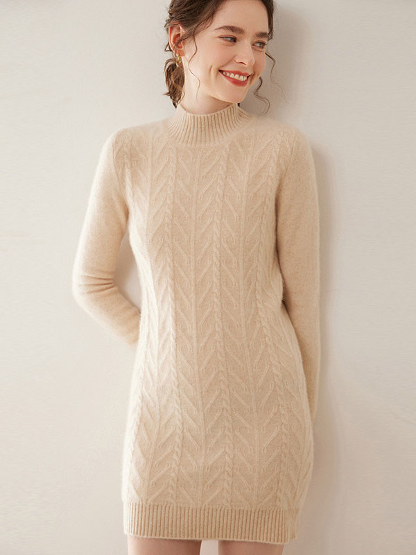 (image for) Luxurious Warm Cashmere Mock Neck Cable-Knit Sweater Dress