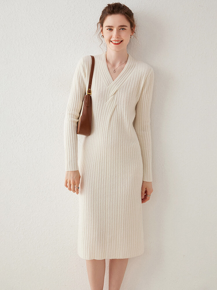 (image for) Ribbed V-Neck Long Sleeve Cashmere Midi Sweater Dress