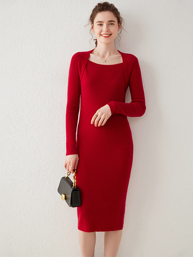 (image for) Ribbed Square Neck Cashmere Bodycon Midi Dress