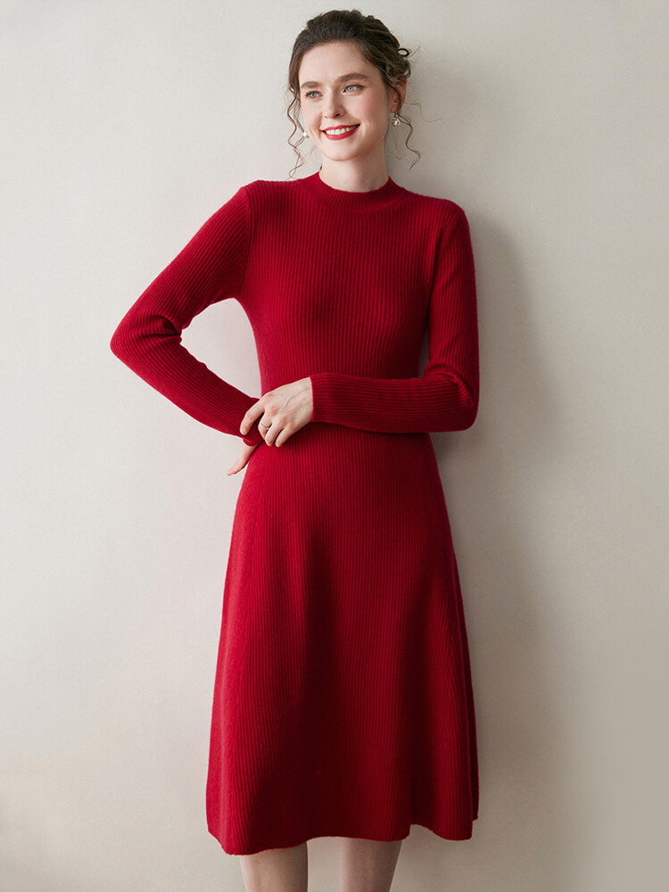 (image for) Rib-Knit Cashmere Crewneck Flared Sweater Dress