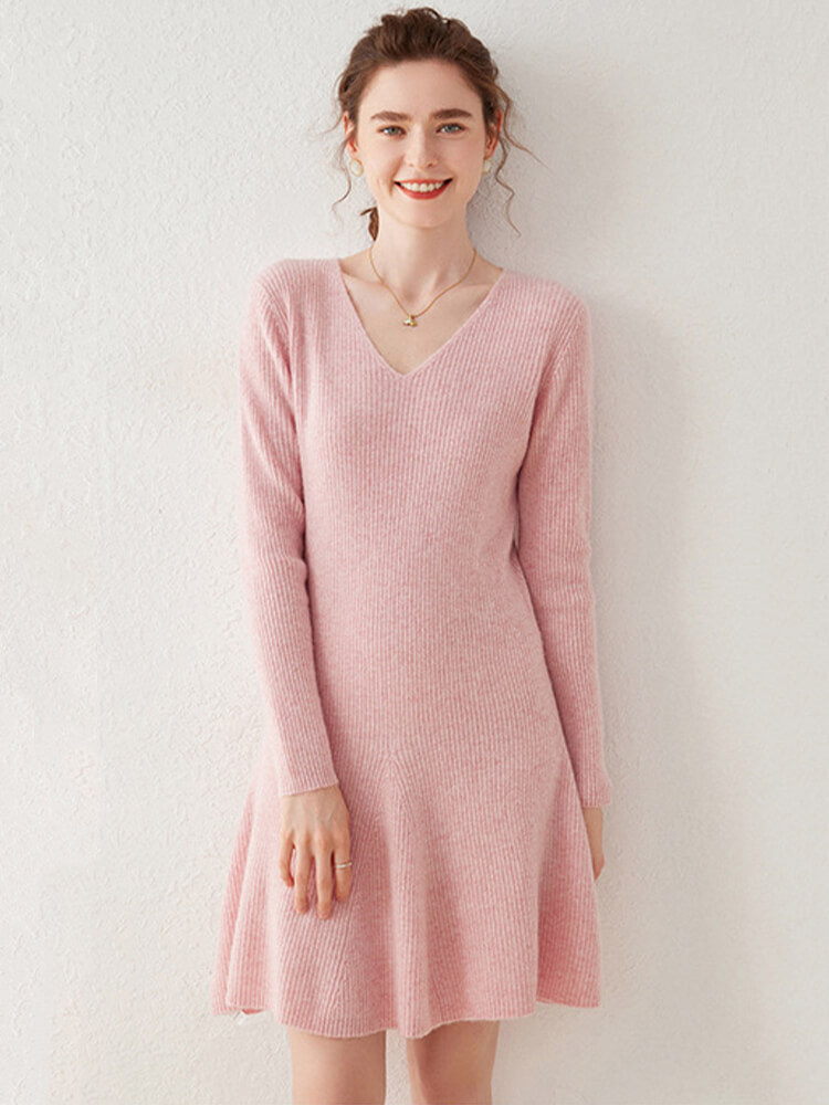 (image for) Ribbed V-Neck Cashmere A-Line Mini Sweater Dress