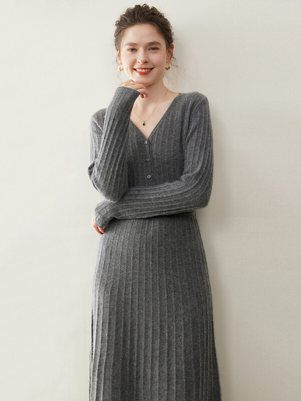 (image for) Sexy Rib-Knit V-Neck Long Cashmere Dress with Buttons