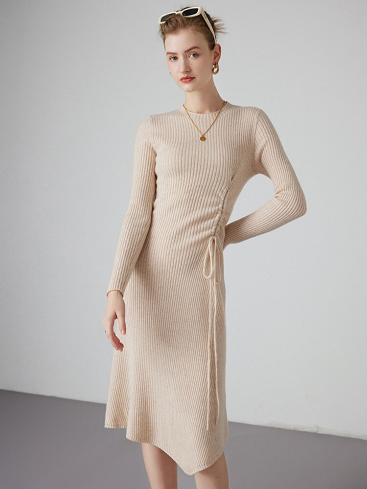 (image for) Ribbed Cashmere Asymmetric Dress with Adjustable Drawstring