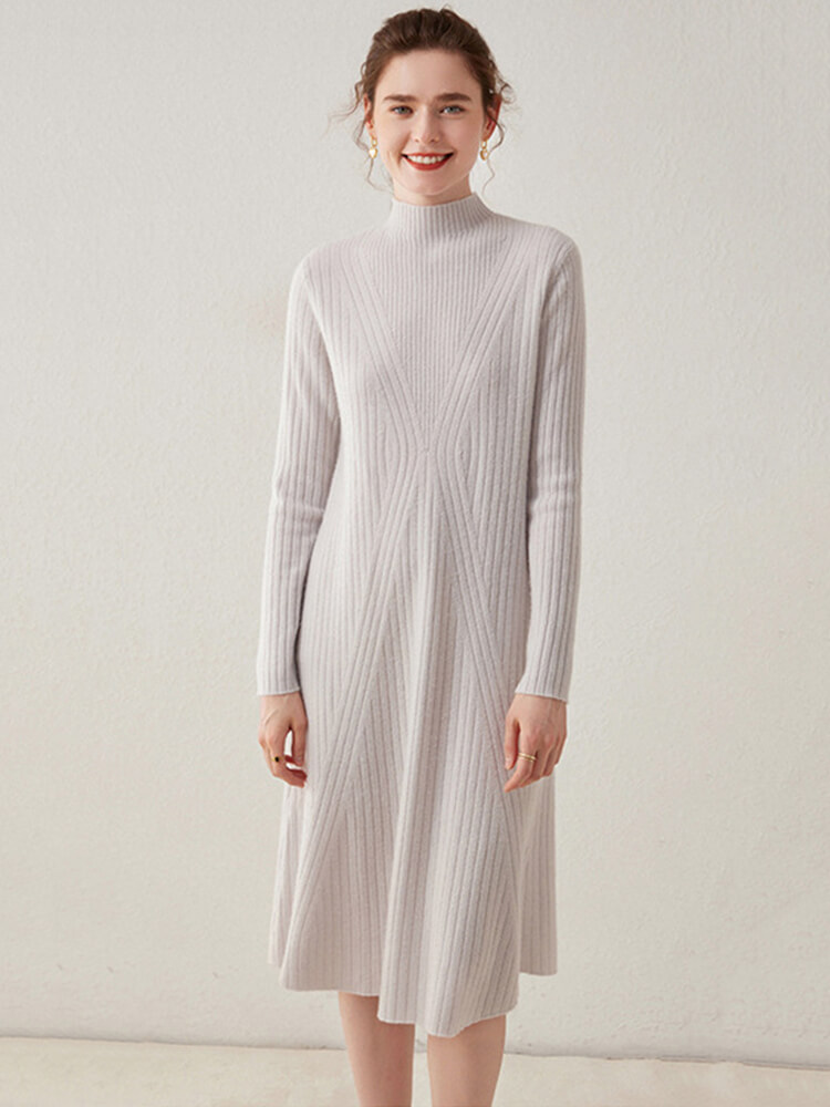 (image for) V-shaped Rib-knit Cashmere Mock Neck Midi Dress