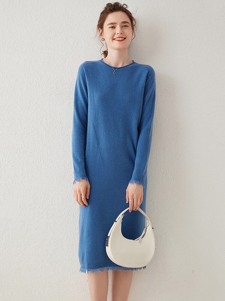 (image for) Boho-Chic Mid-Length Cashmere Crewneck Dress with Tassel Trim