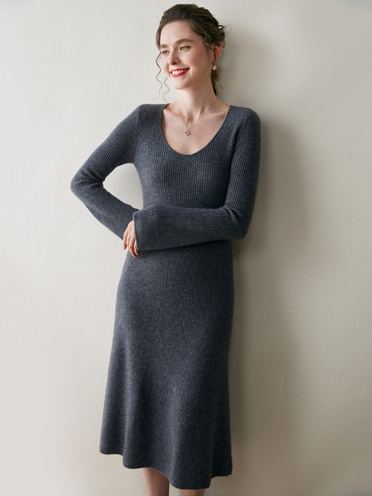 (image for) Scoop Neck Long Sleeve Cashmere Flare Dress