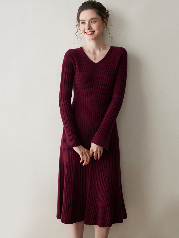 (image for) Ribbed V-Neck Flare Sleeve Cashmere A-Line Midi Dress