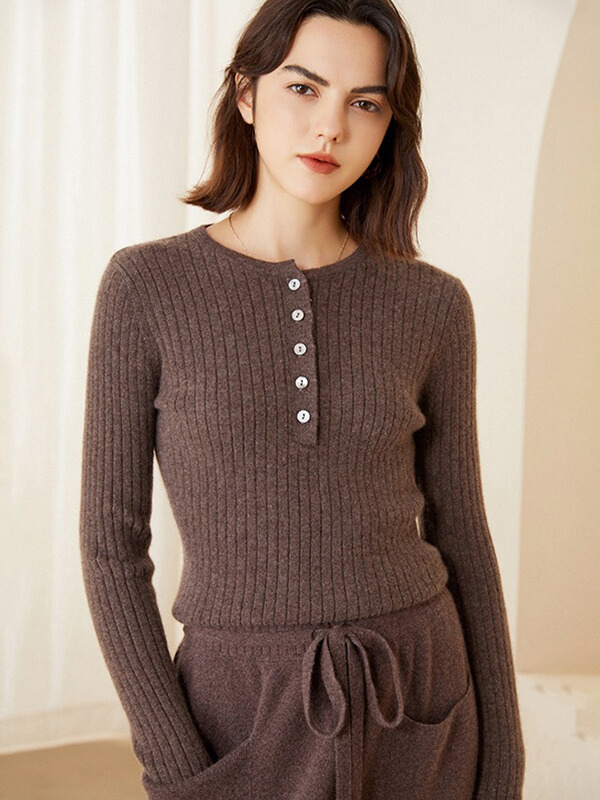 (image for) Rib Knit Button Neck Pure Cashmere Sweater For Women