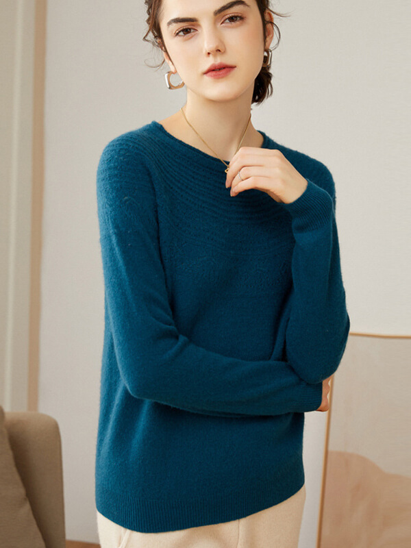 (image for) Women's 100% Superfine Cashmere Hollow Out Crewneck Sweater