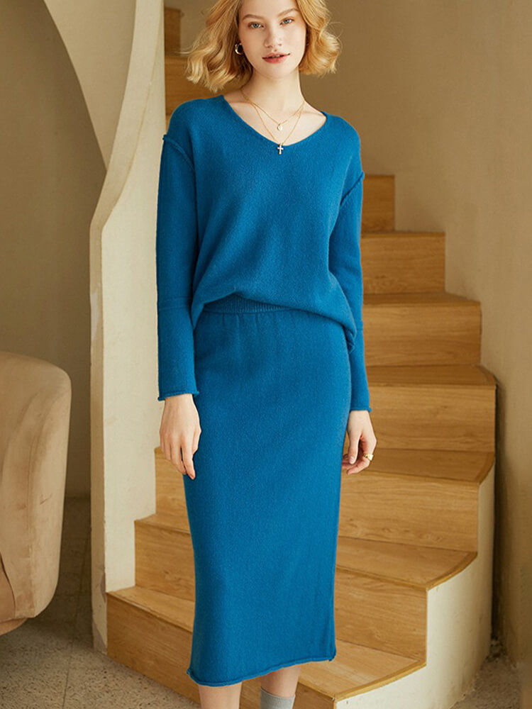 (image for) Women's Elegant Two-Piece V-Neck Cashmere Sweater and Skirt Set