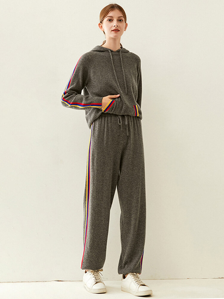 (image for) Women's Cashmere Hoodie and Jogger Set with Colorful Stripe