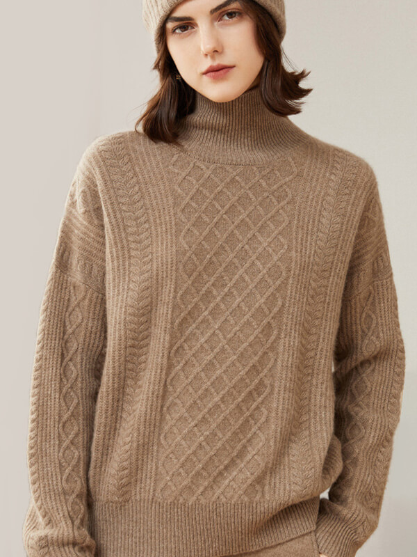 (image for) Women's 100% Cashmere Turtleneck Cable-Knit Plaid Sweater