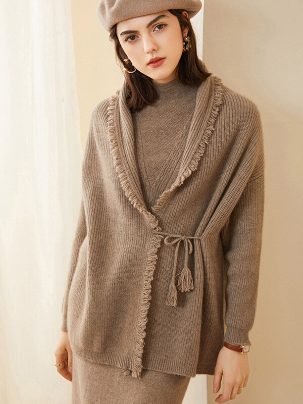 (image for) Women's Ribbed-Knit 100% Cashmere Fringe Shawl Collar Cardigan