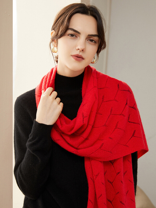(image for) 100% Cashmere Solid Color Pointelle Knit Scarf
