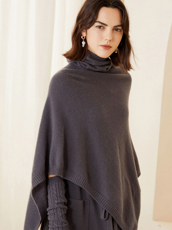 (image for) Women's 100% Cashmere Draped Turtleneck Shawl Sweater