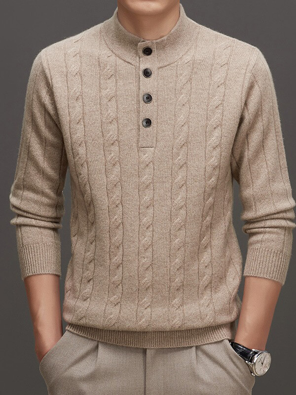 (image for) Men's Mock Neck Button-Up Cable Knit Cashmere Sweater