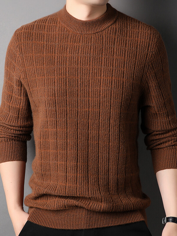 (image for) Men's Plaid Ribbed Mock Neck Cashmere Pullover Sweater