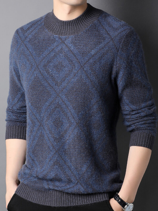 (image for) Men's Diamond Knit Pattern Cashmere Mock Neck Pullover Sweater