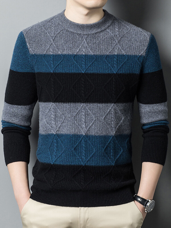 (image for) Men's Striped Diamond-Knit Cashmere Crew Neck Sweater